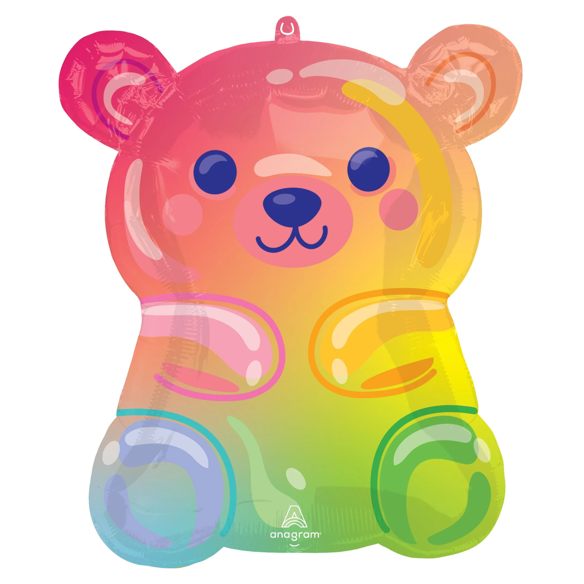 Rainbow gummy bear foil balloon featuring bright pink, orange, yellow, green and blue colours with a cute smiling face. Pick up in Toronto and Canada-wide shipping available.