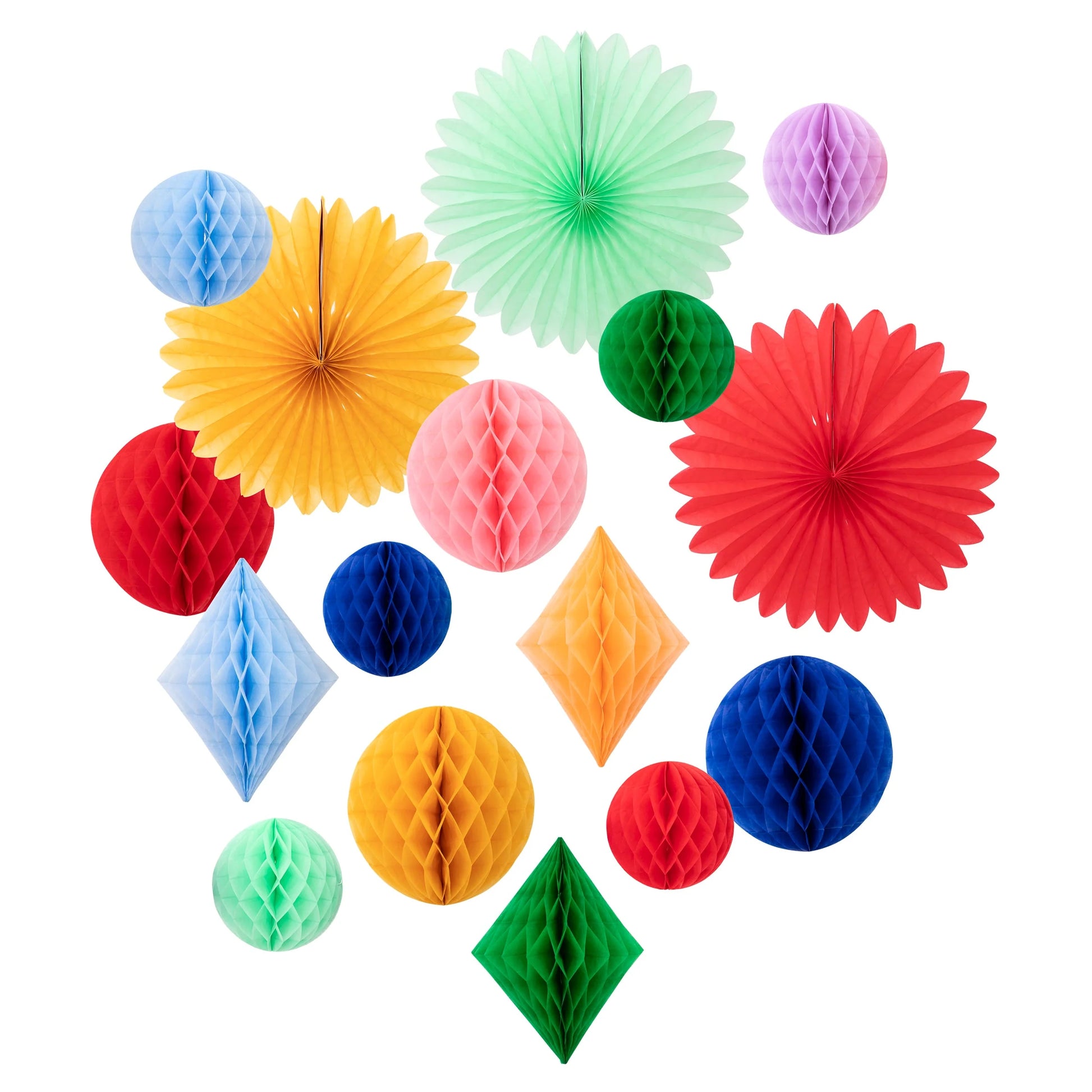 Assorted colourful honeycomb balls and paper fan decorations in mixed shapes and sizes