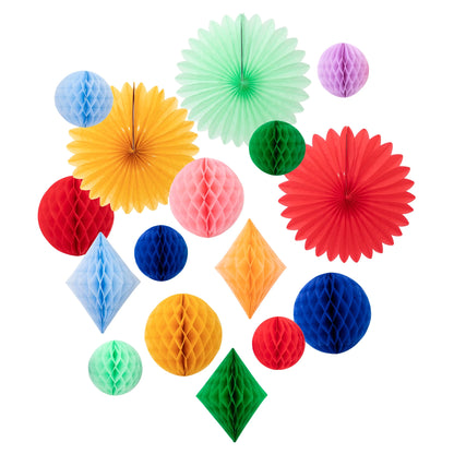Assorted colourful honeycomb balls and paper fan decorations in mixed shapes and sizes