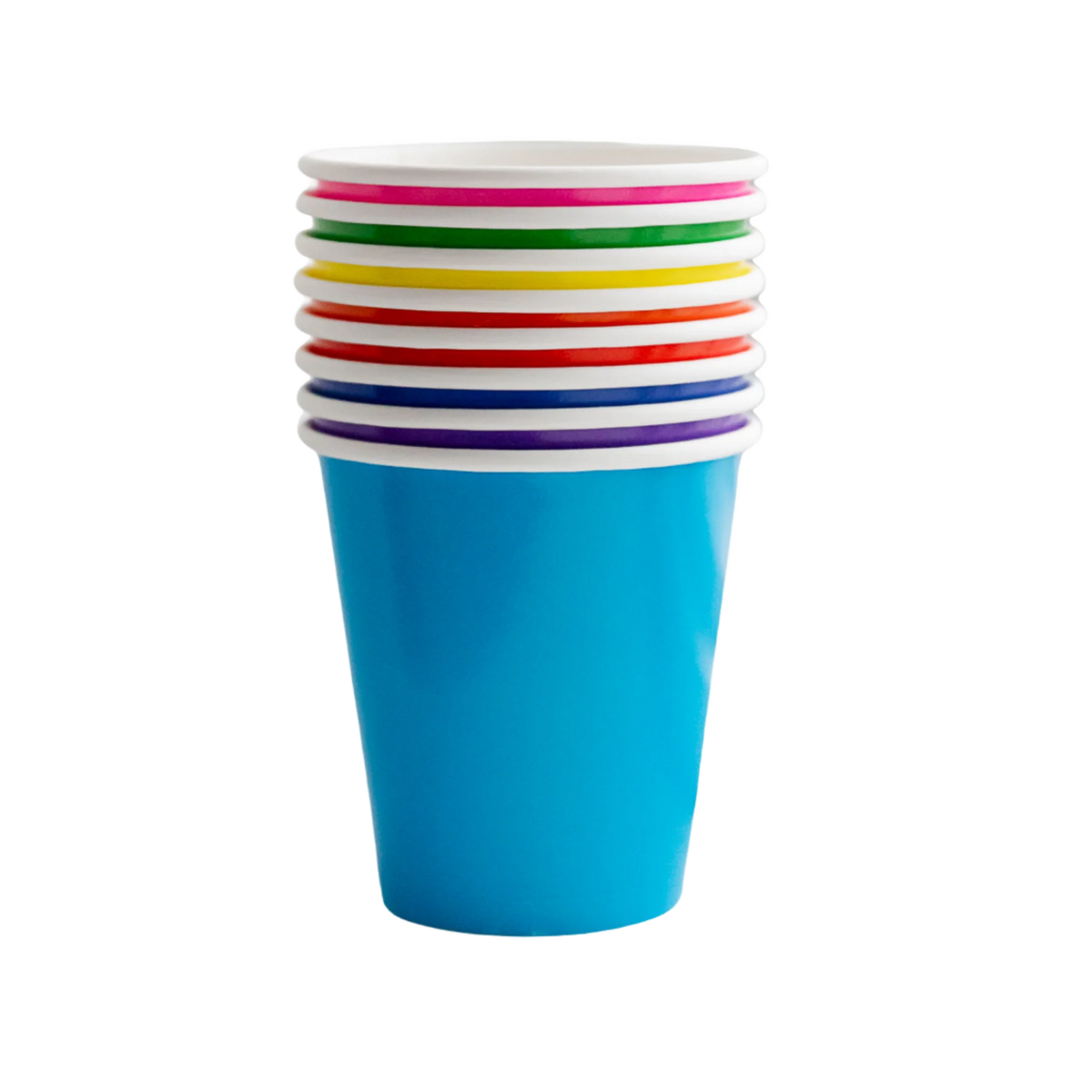 A stack of multicolored paper cups in various rainbow colors including pink, green, yellow, orange, and blue.