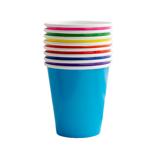 A stack of multicolored paper cups in various rainbow colors including pink, green, yellow, orange, and blue.