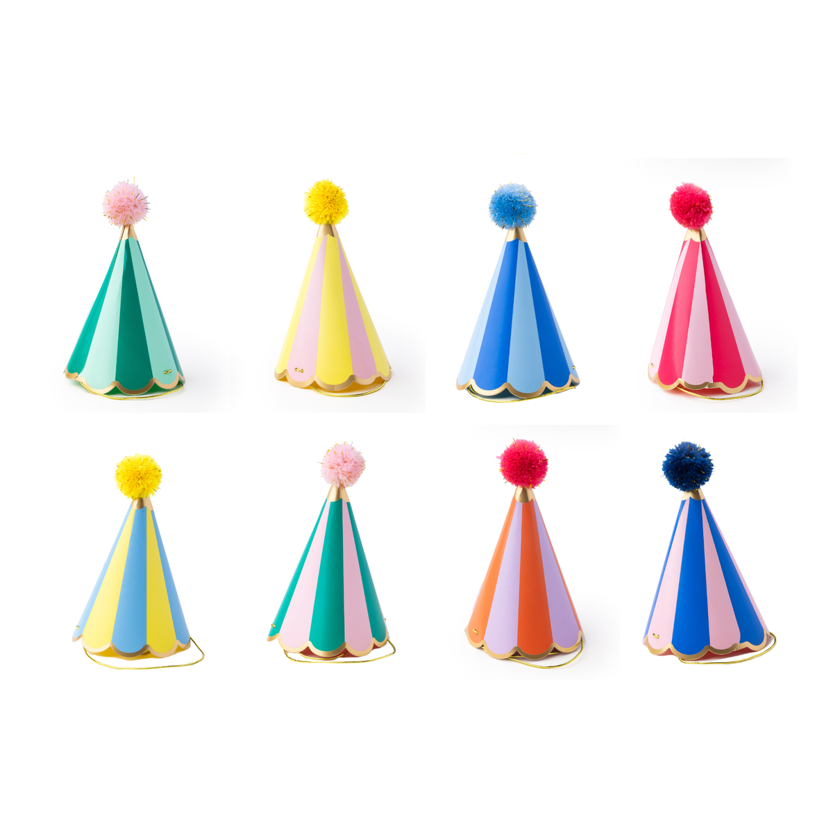 Colourful striped birthday party hats with pom pom toppers, scalloped edges and gold foil details