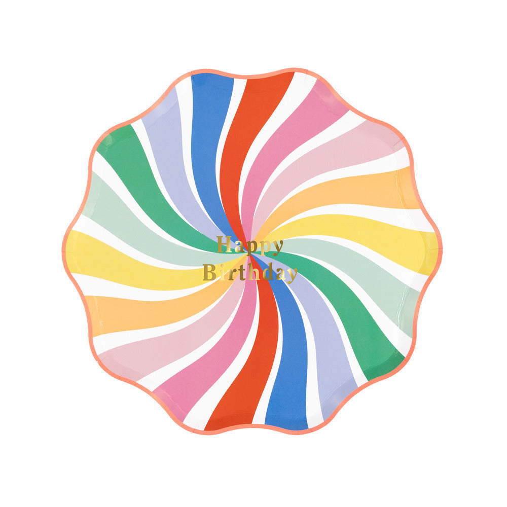 Meri Meri rainbow swirl happy birthday side plate with gold foil lettering and scalloped coral edge, available in Toronto and shipping across Canada.