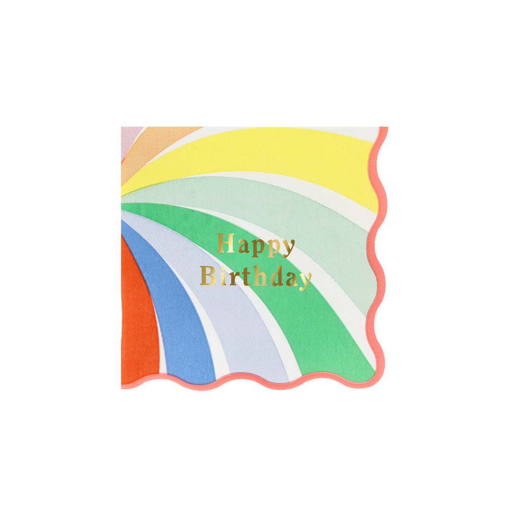 Meri Meri rainbow swirl happy birthday small napkins with scalloped coral edge and gold foil lettering, available at our Toronto party shop.