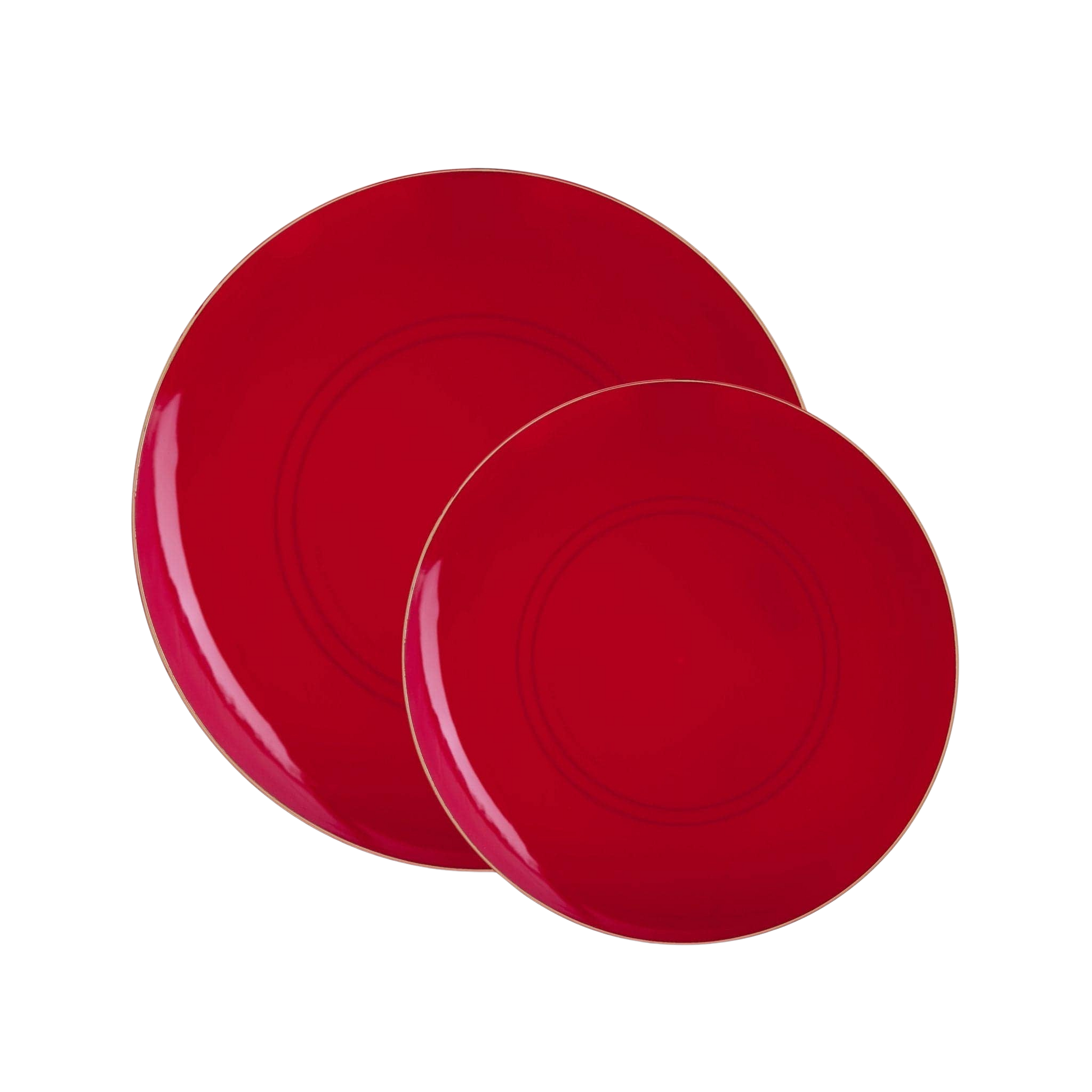 Red signature dinner and salad plates with glossy finish displayed on a black background, sold at Confetti My Party Toronto.