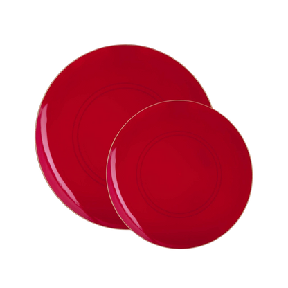 Red signature dinner and salad plates with glossy finish displayed on a black background, sold at Confetti My Party Toronto.