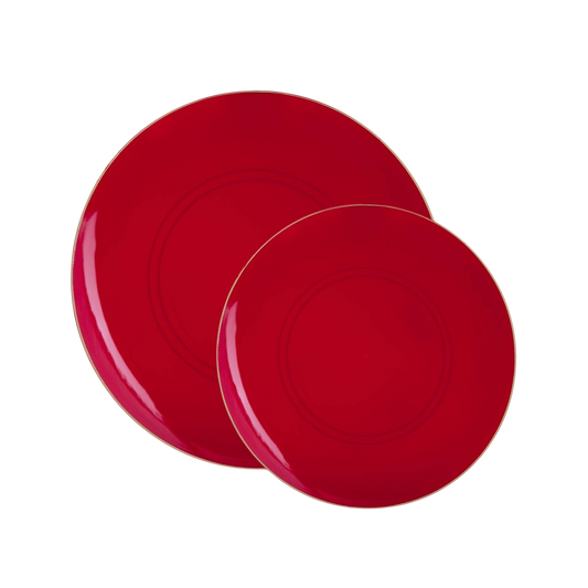 Red signature dinner and salad plates with glossy finish displayed on a black background, sold at Confetti My Party Toronto.