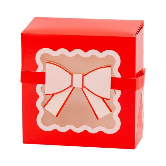 Toronto holiday cookie box in red and pink with a 3D bow and scalloped edge window.