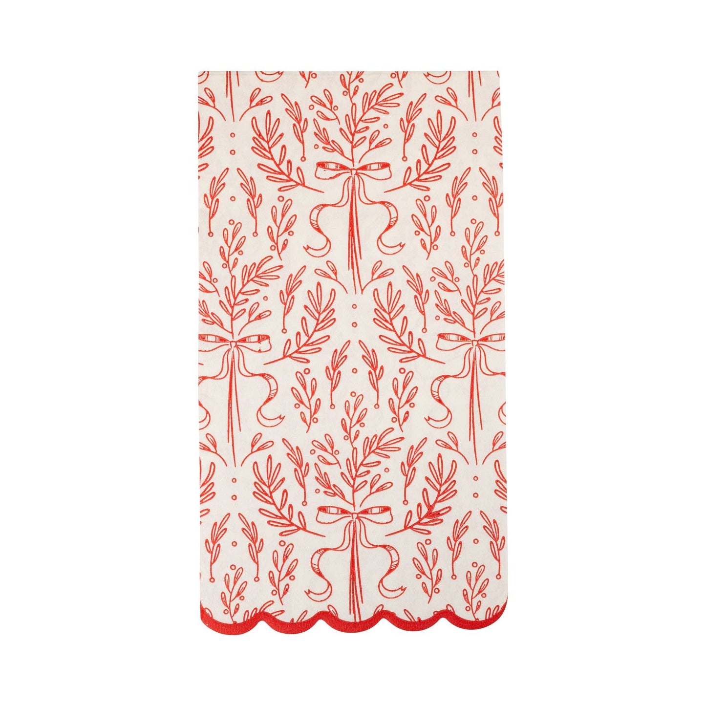 White scalloped paper dinner napkin with red bough and ribbon design, perfect for festive Toronto holiday tables.