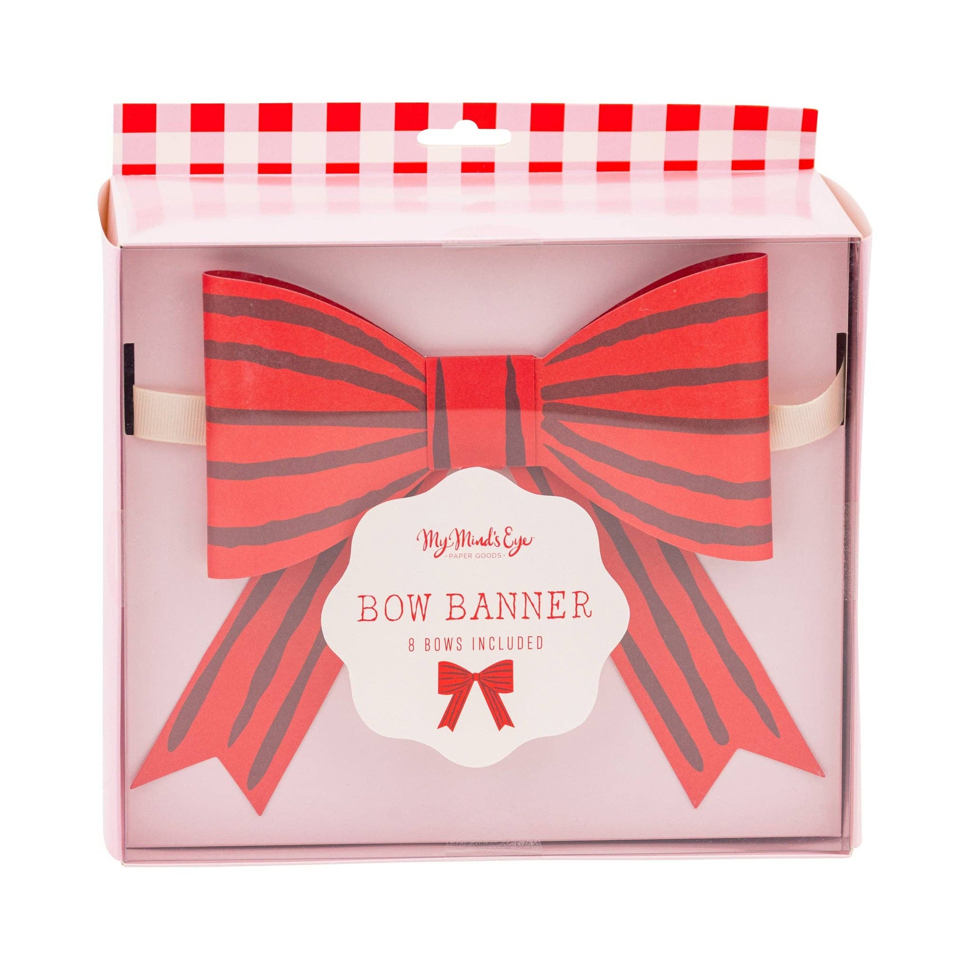 My Mind’s Eye red bow banner packaging showing 8 paper bows, available at Toronto party shop Confetti My Party.
