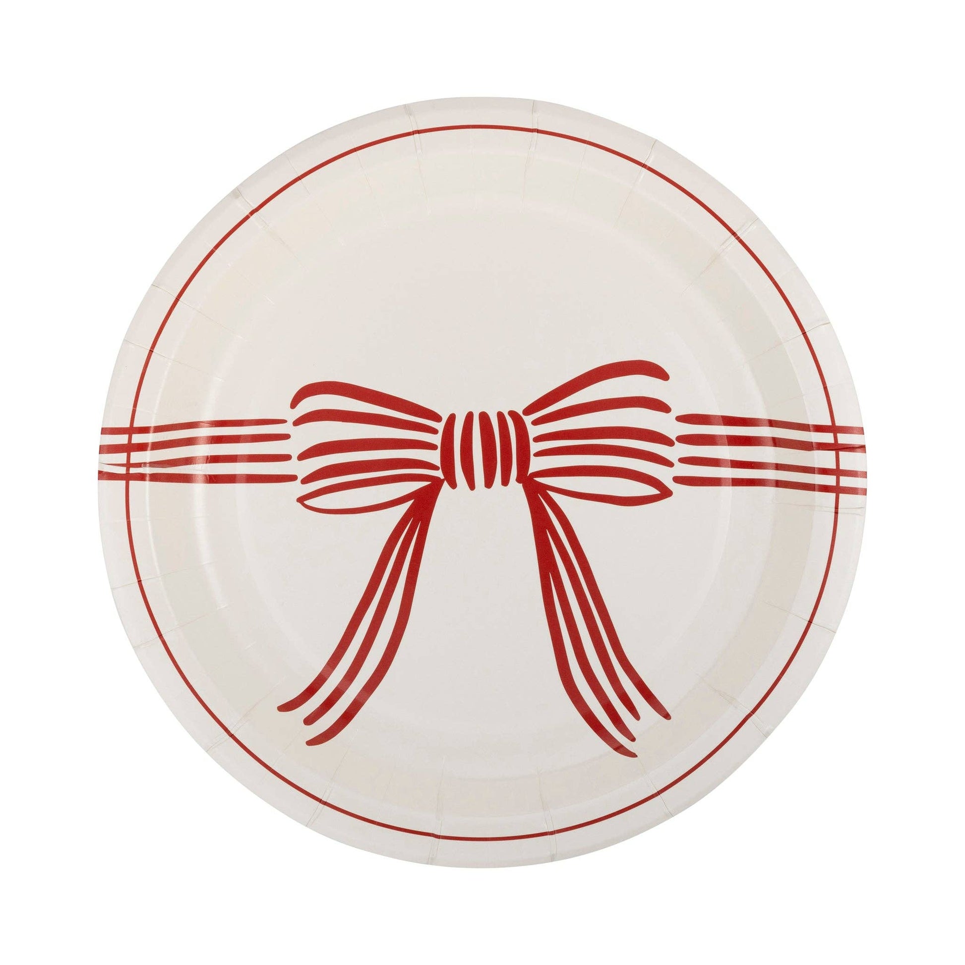 Round plate with a red bow design, pack of 8 sold in Toronto at Confetti My Party and ships Canada wide.