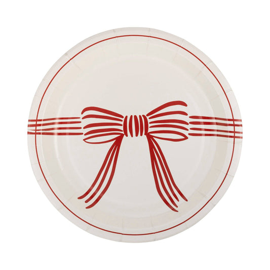 Round plate with a red bow design, pack of 8 sold in Toronto at Confetti My Party and ships Canada wide.