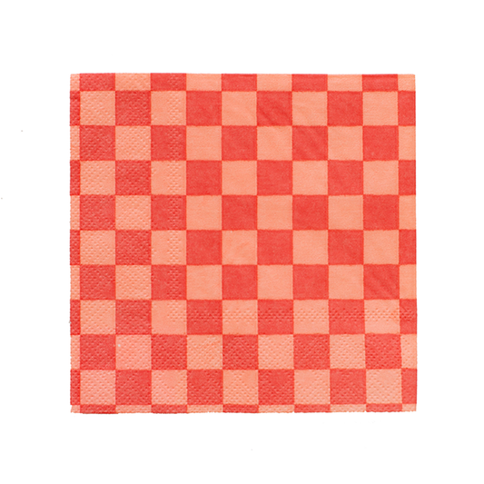 Red checkerboard cocktail napkin with pink and red squares, modern party napkin available in Toronto.