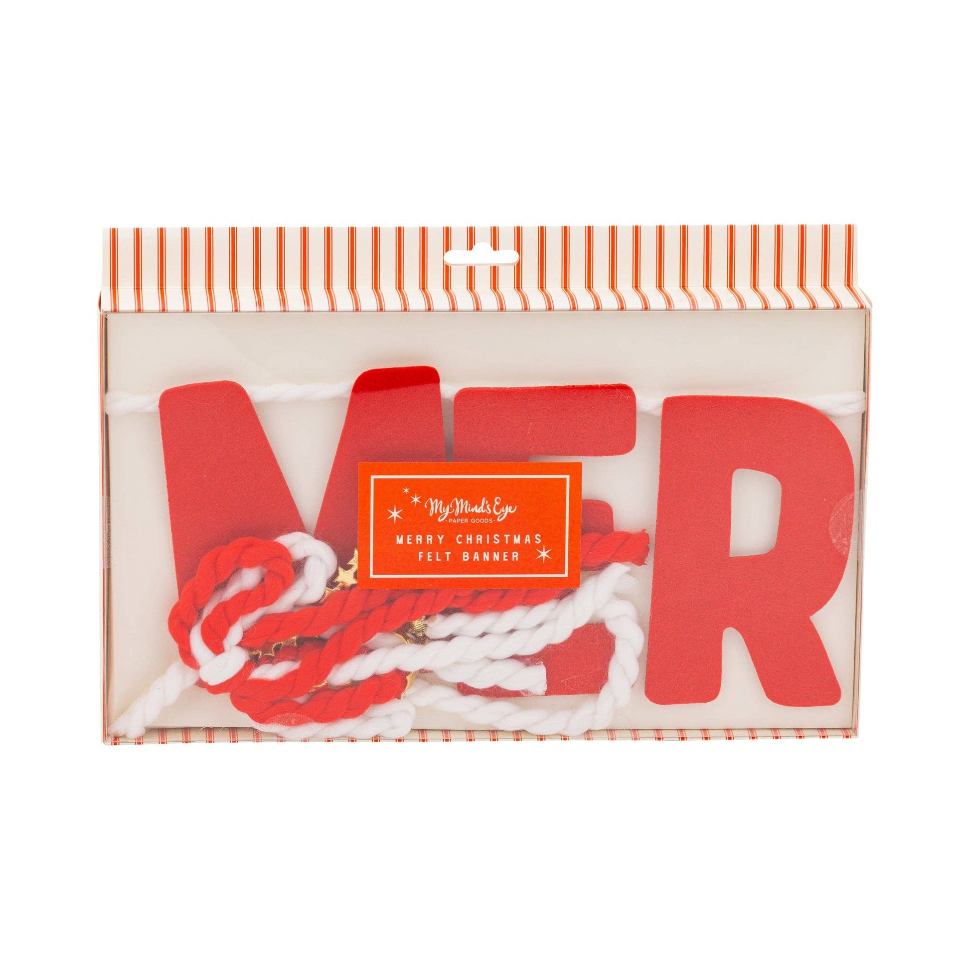 My Mind’s Eye Merry Christmas felt banner packaging with white rope. available across Canada.