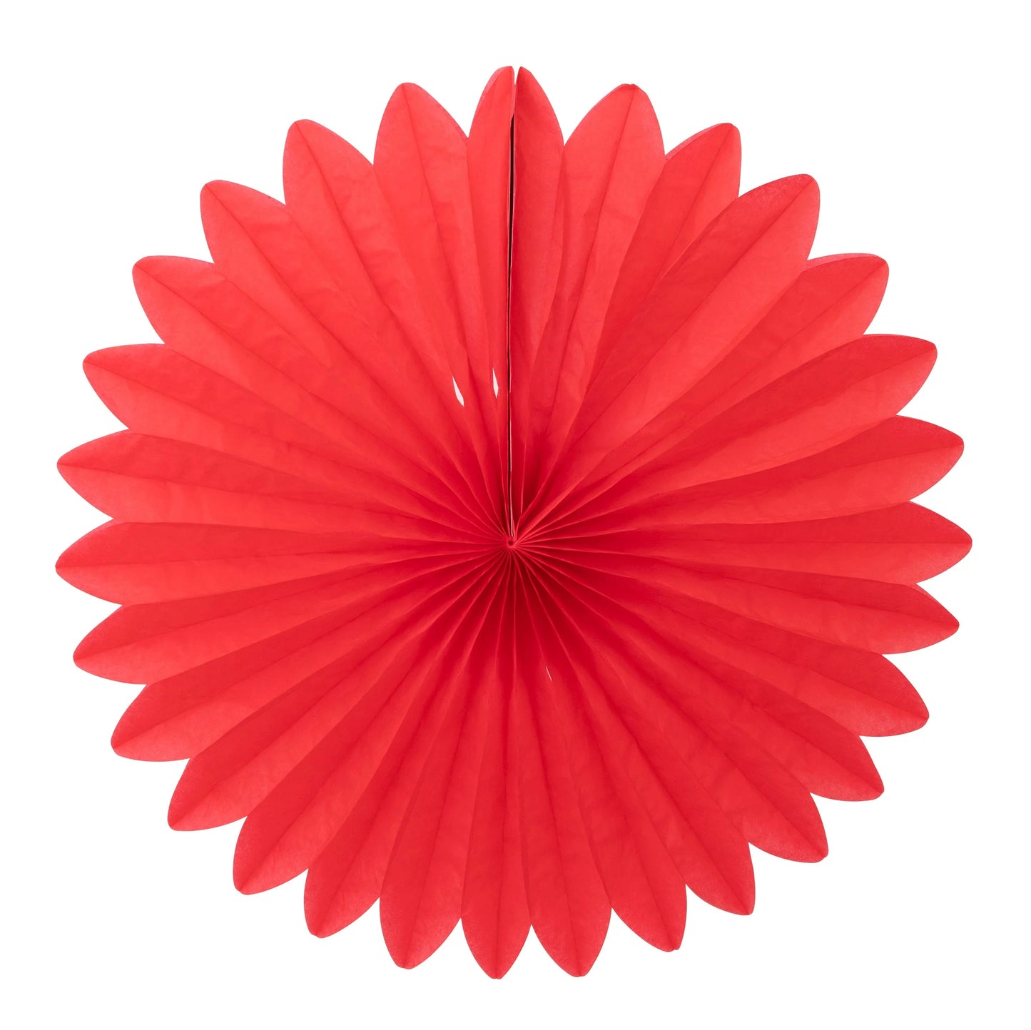 Bright red hanging paper fan with a scalloped flower-like shape
