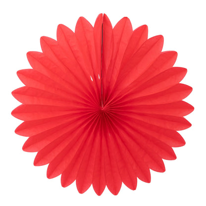 Bright red hanging paper fan with a scalloped flower-like shape