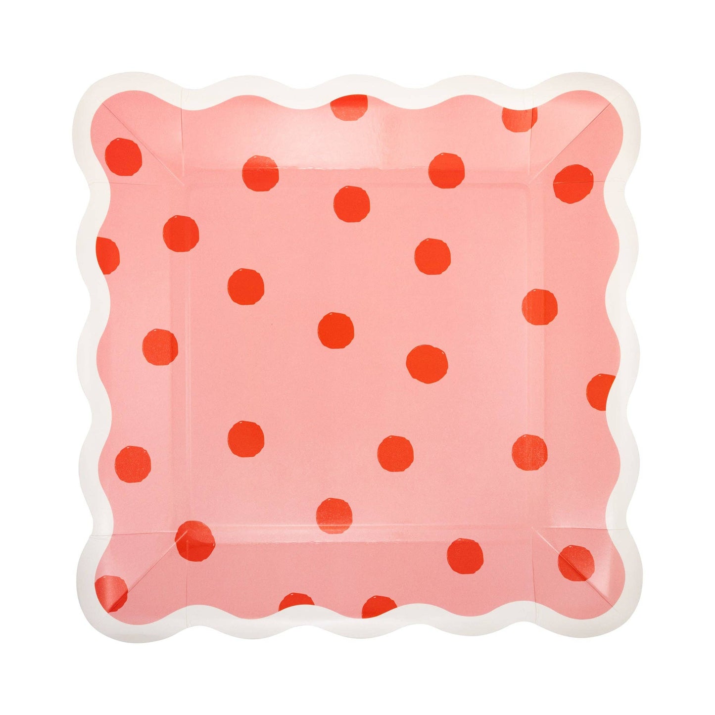 Pink scalloped Valentine paper plate with red polka dot pattern