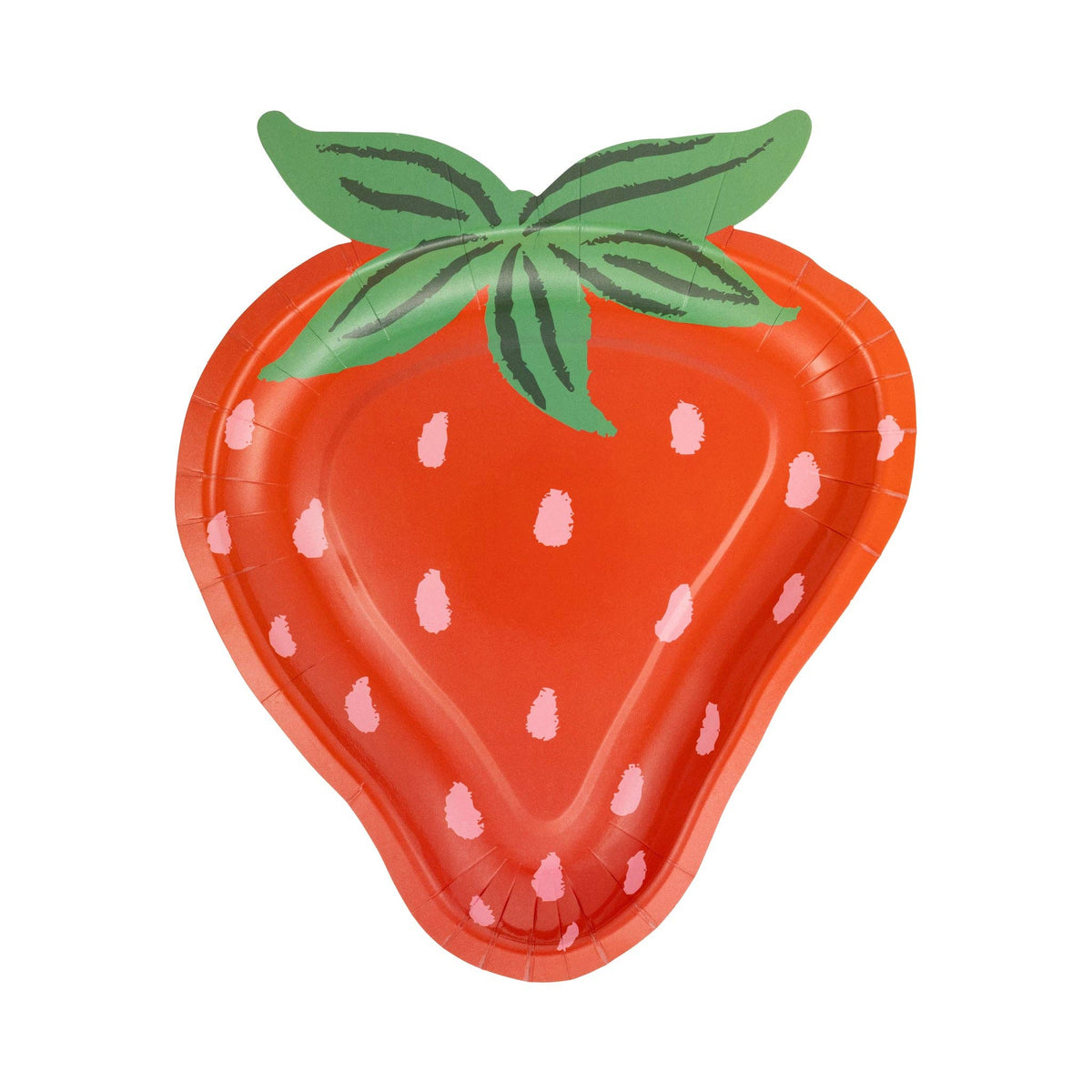 Red strawberry shaped paper plate with pink seed details and green leaves