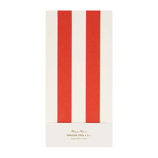 Red and white striped tablecloth packaging on a white background