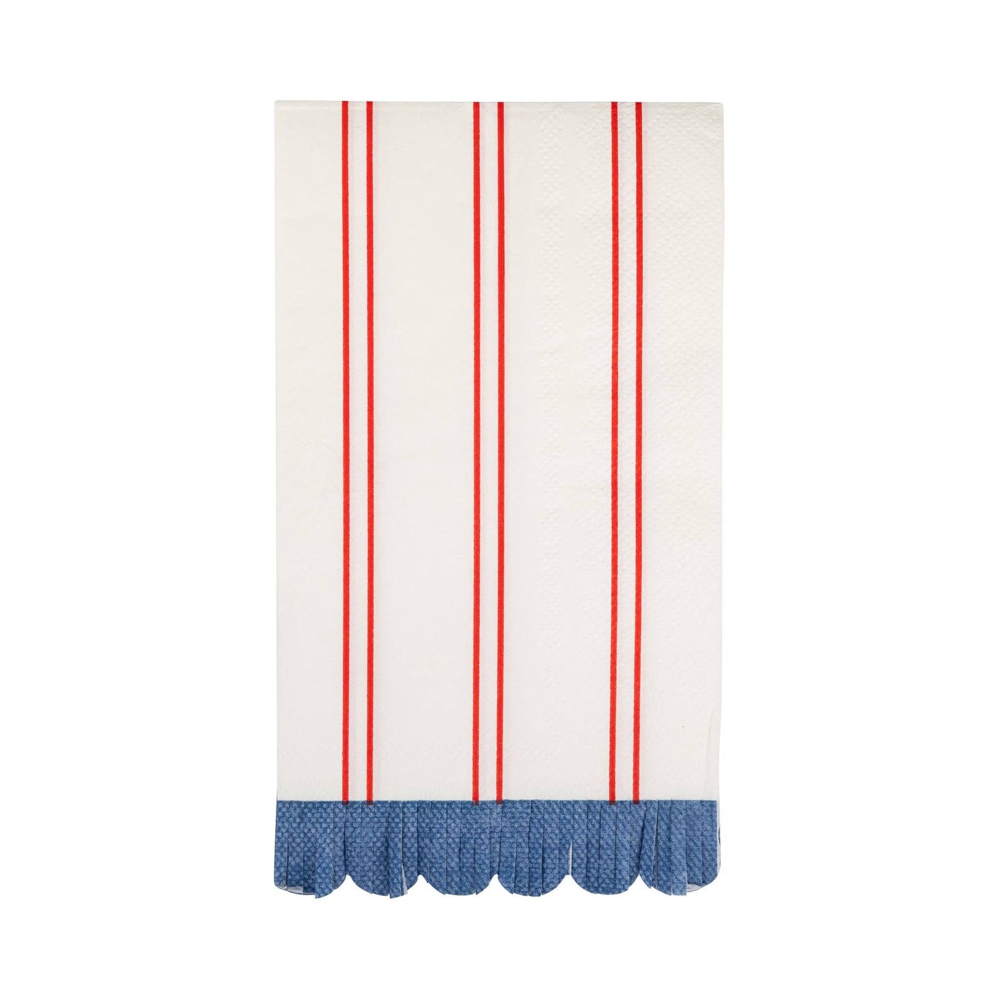Striped dinner napkins with red vertical stripes and blue scalloped edge on a white background