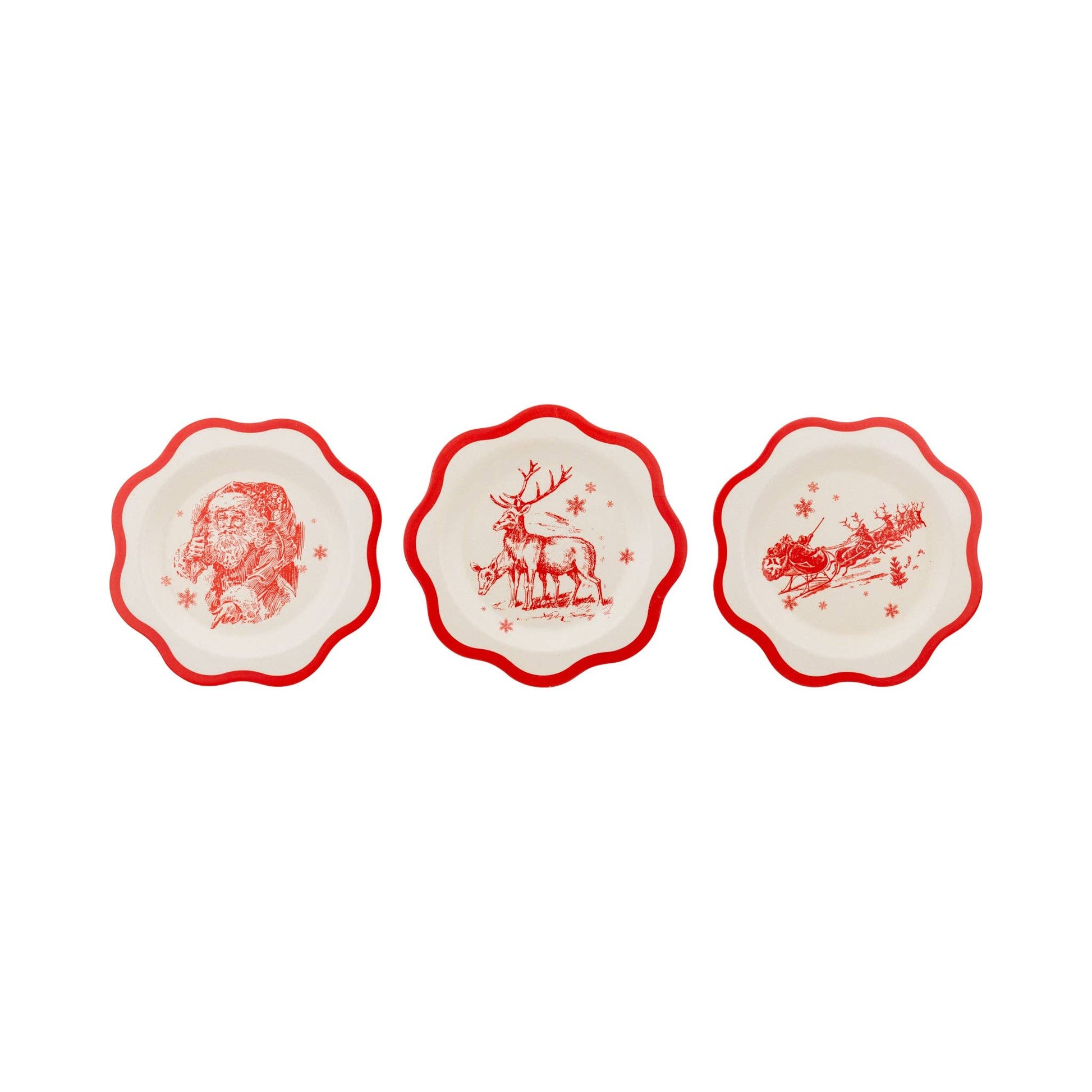 Red vintage bamboo plate set with scalloped edges featuring Santa, reindeer, and sleigh designs, Toronto holiday tableware.
