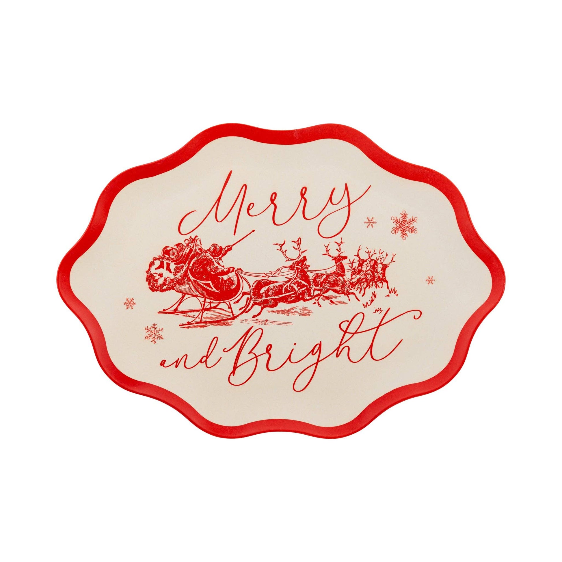 “Vintage-style bamboo tray with red ‘Merry and Bright’ Santa sleigh design, festive serveware available across Canada.”