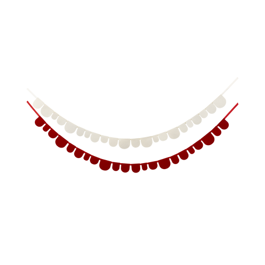 Red and white scalloped paper banner, perfect for Christmas party decor and holiday displays.