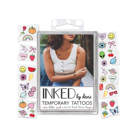 colourful pack of temporary tattoos in fun 90s inspired designs