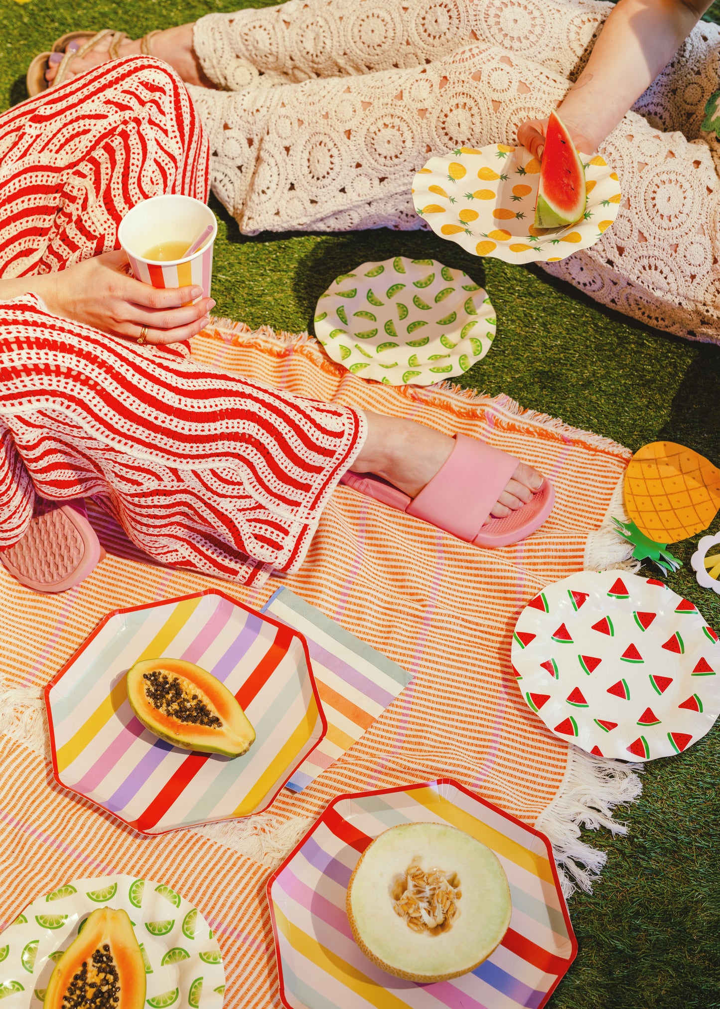 Retro inspired striped party plates styled for a summer picnic available at our Toronto party shop