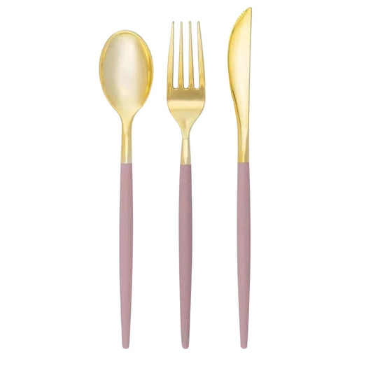 mauve pink and gold plastic cutlery set