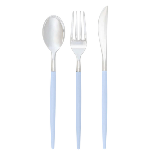 reusable pale blue and silver plastic cutlery set- luxe party
