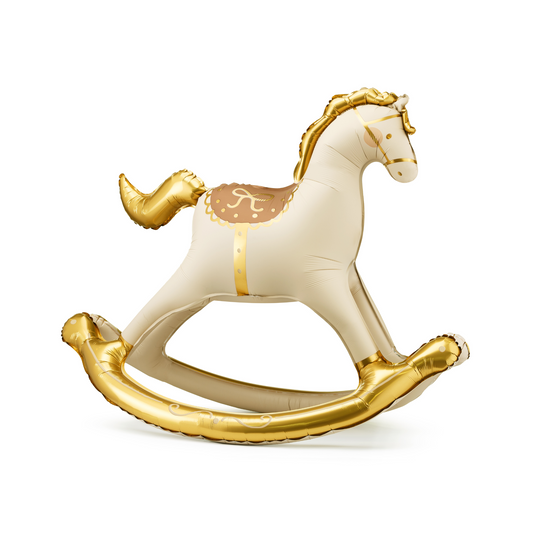 Ivory and gold rocking horse foil balloon, elegant baby shower decoration, available in Toronto and shipping across Canada.