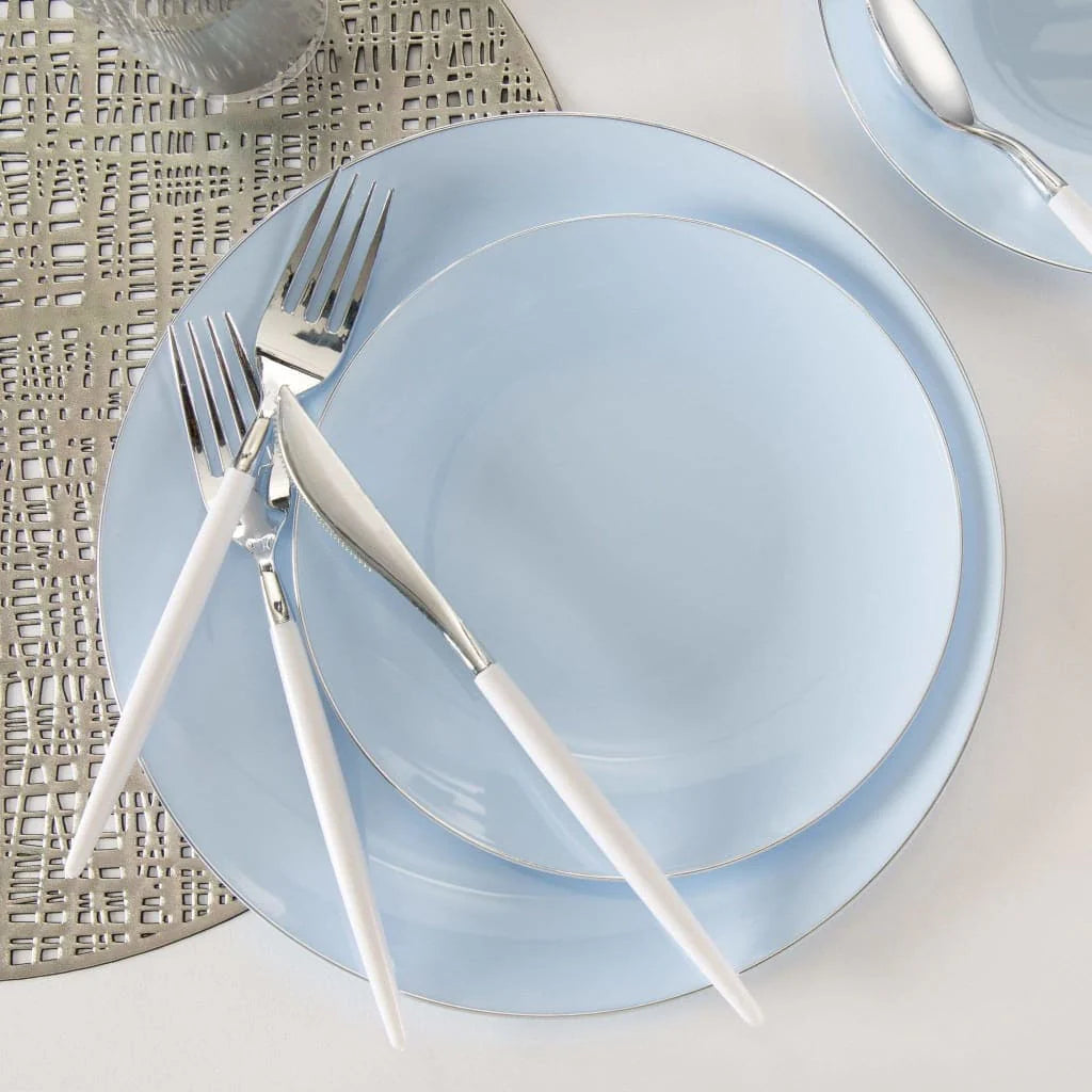 ICE BLUE & SILVER ROUND REUSABLE DINNER PLATES – CONFETTIMYPARTY