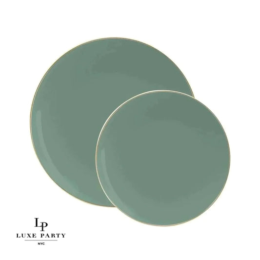round plastic sage green and gold trip plates- pack of 10
