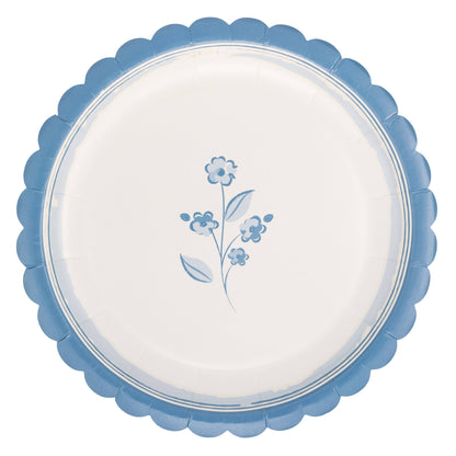 Blue floral scalloped paper plate with delicate botanical design
