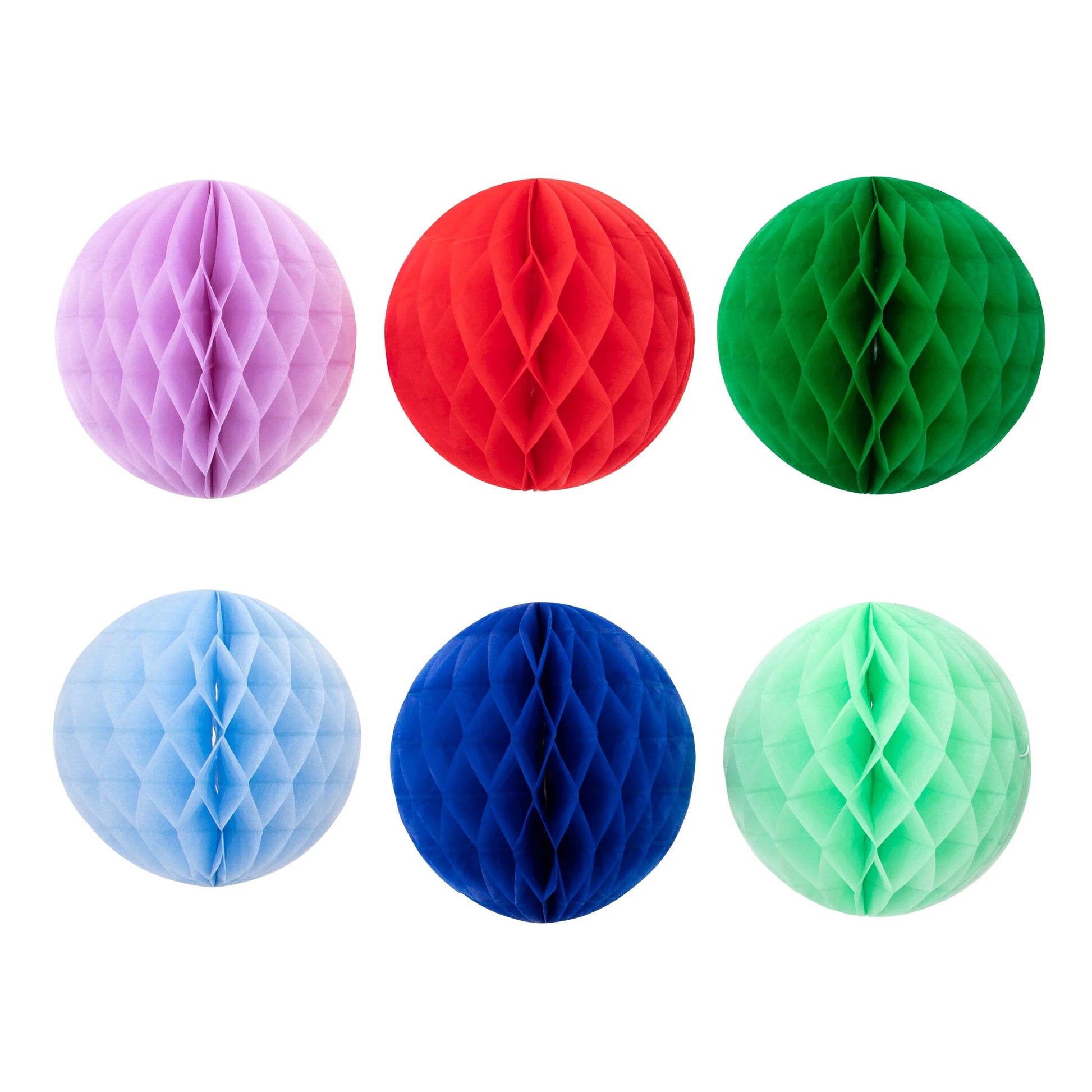 Set of six round honeycomb decorations in vibrant rainbow colours