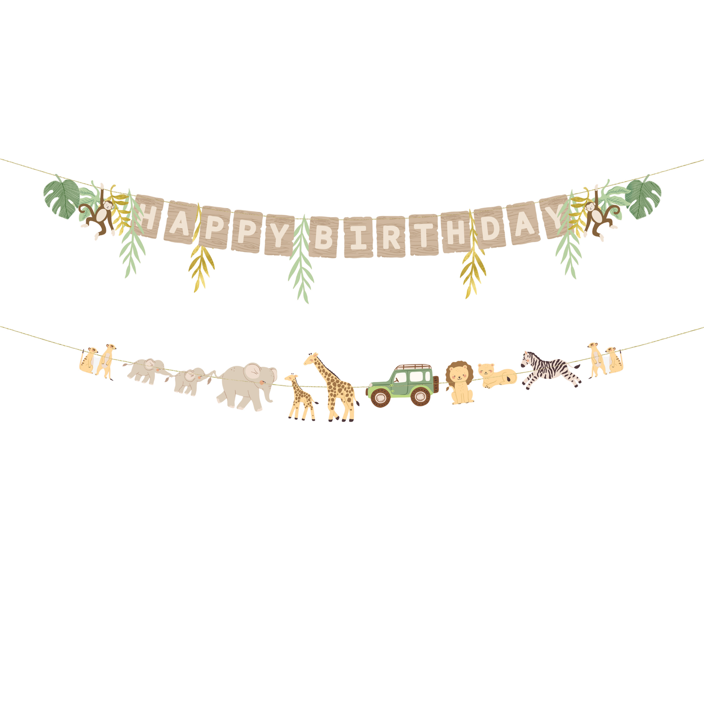 Safari happy birthday banner with jungle animals and leafy details available at our Toronto party shop