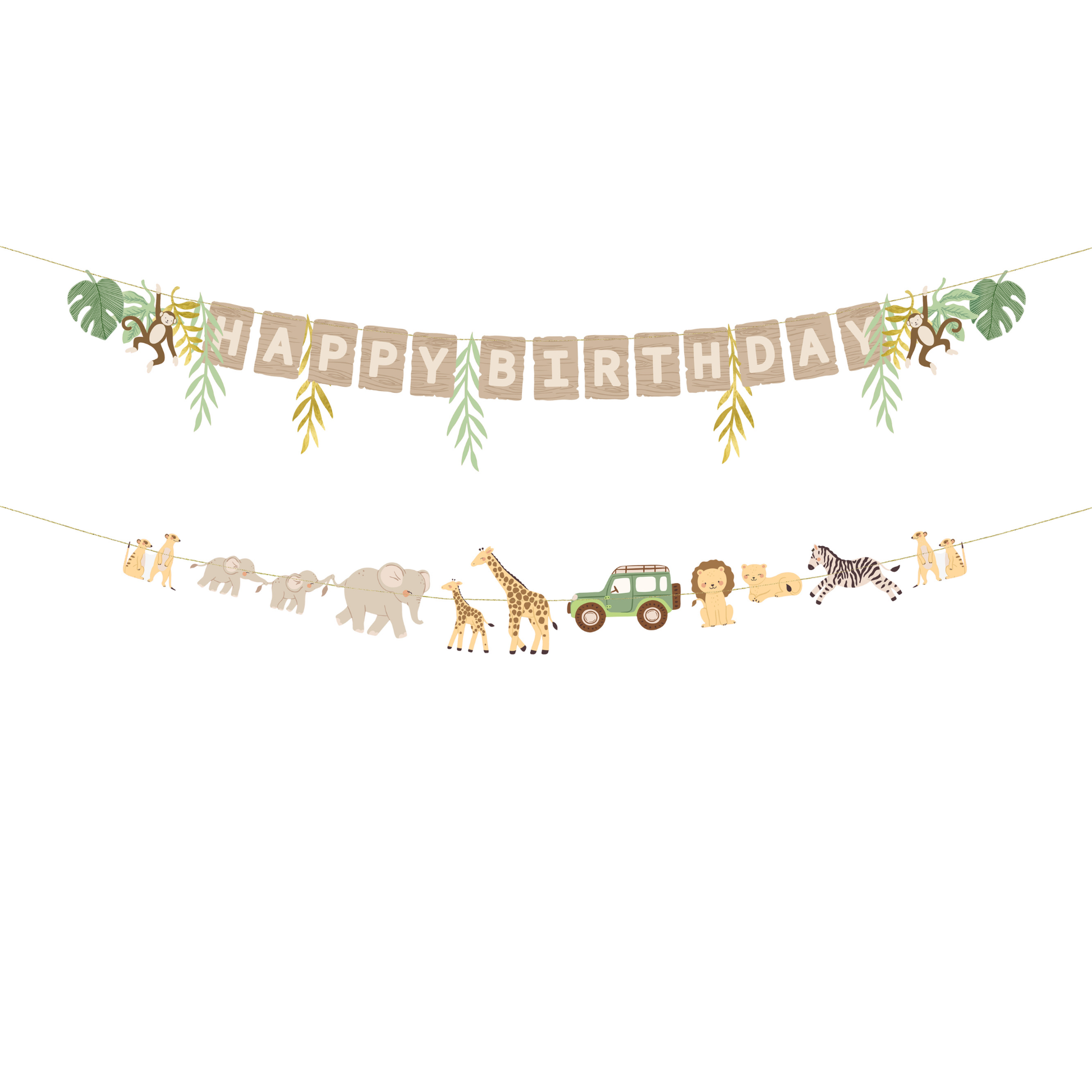 Safari happy birthday banner with jungle animals and leafy details available at our Toronto party shop