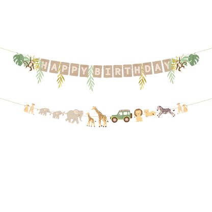 Safari happy birthday banner with jungle animals and leafy details available at our Toronto party shop