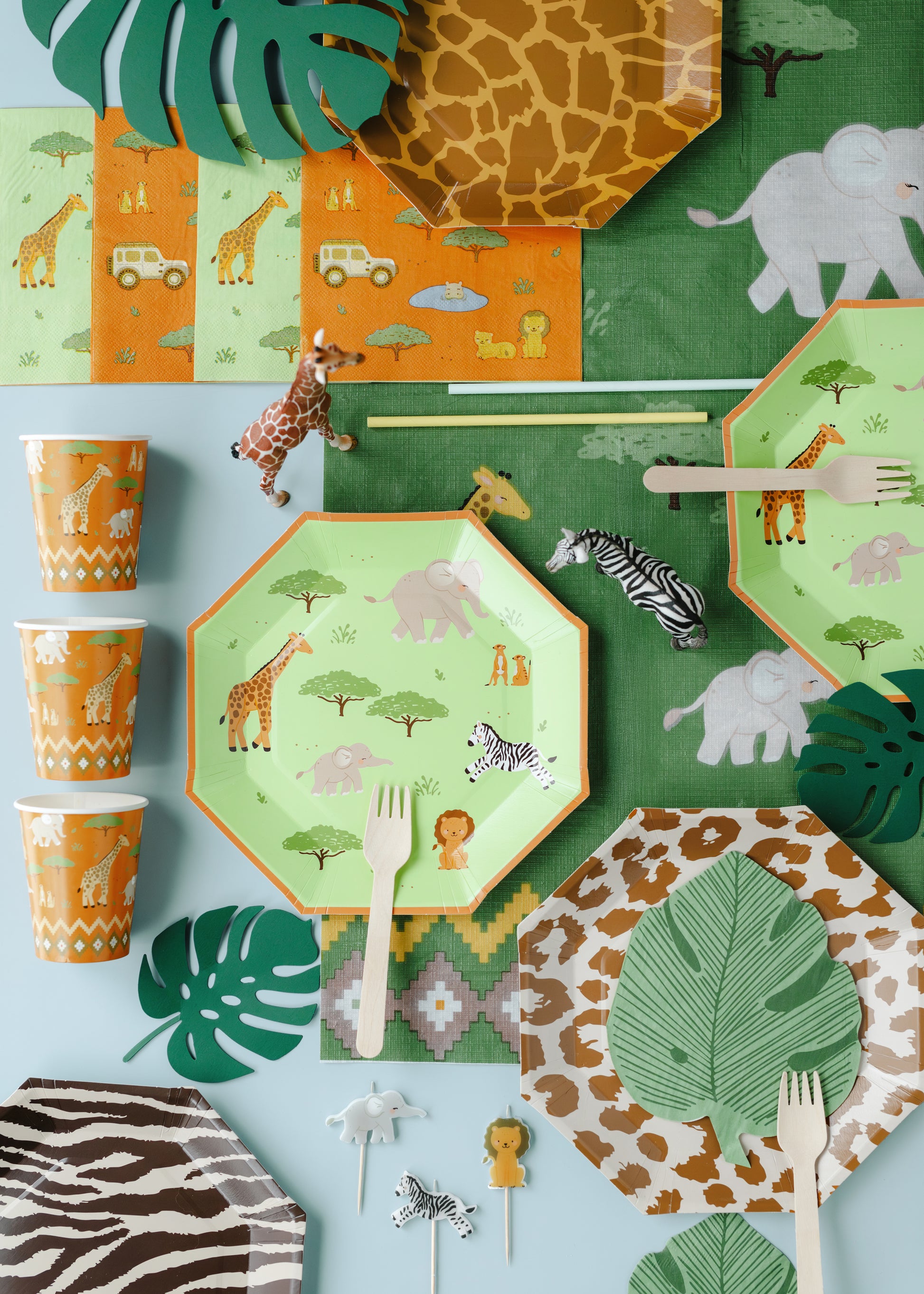 Safari napkins styled with jungle themed birthday tableware available at our Toronto party shop