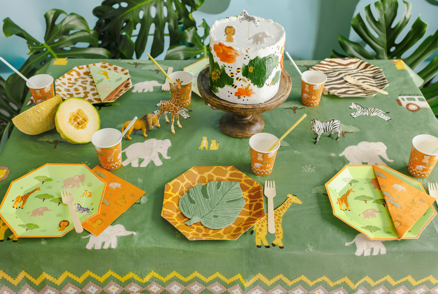 Safari tablecloth styled with safari themed party supplies available at our Toronto party shop