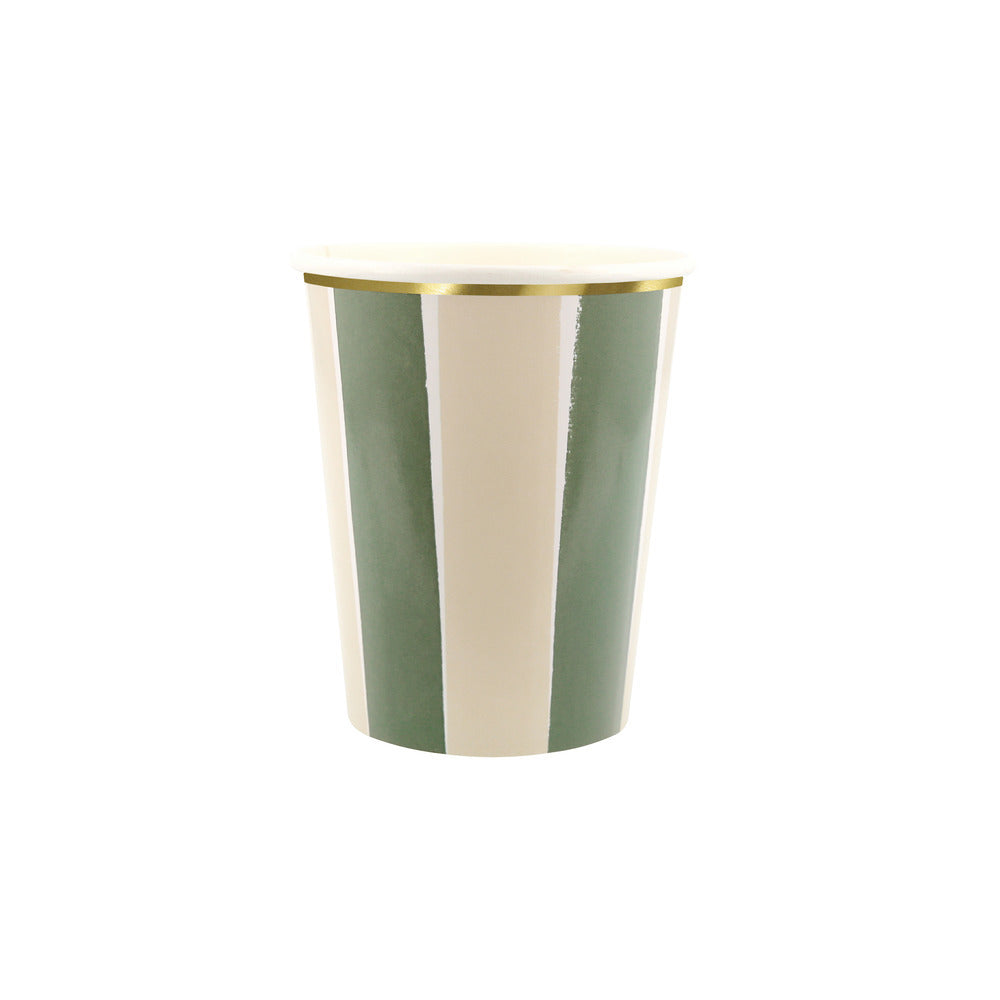 Sage green and cream striped paper cup with gold foil trim for fall parties