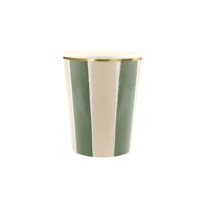 Sage green and cream striped paper cup with gold foil trim for fall parties