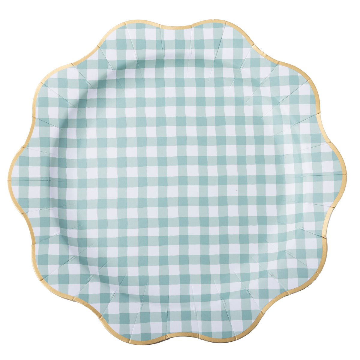 Sage green and white gingham paper dinner plate with scalloped edge and gold foil trim.