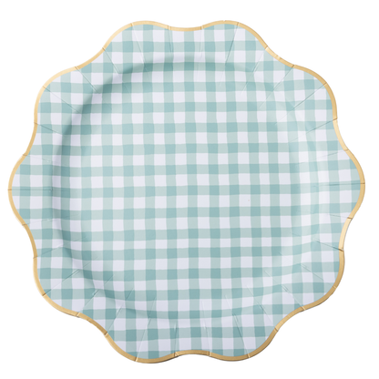Sage green and white gingham paper dinner plate with scalloped edge and gold foil trim.