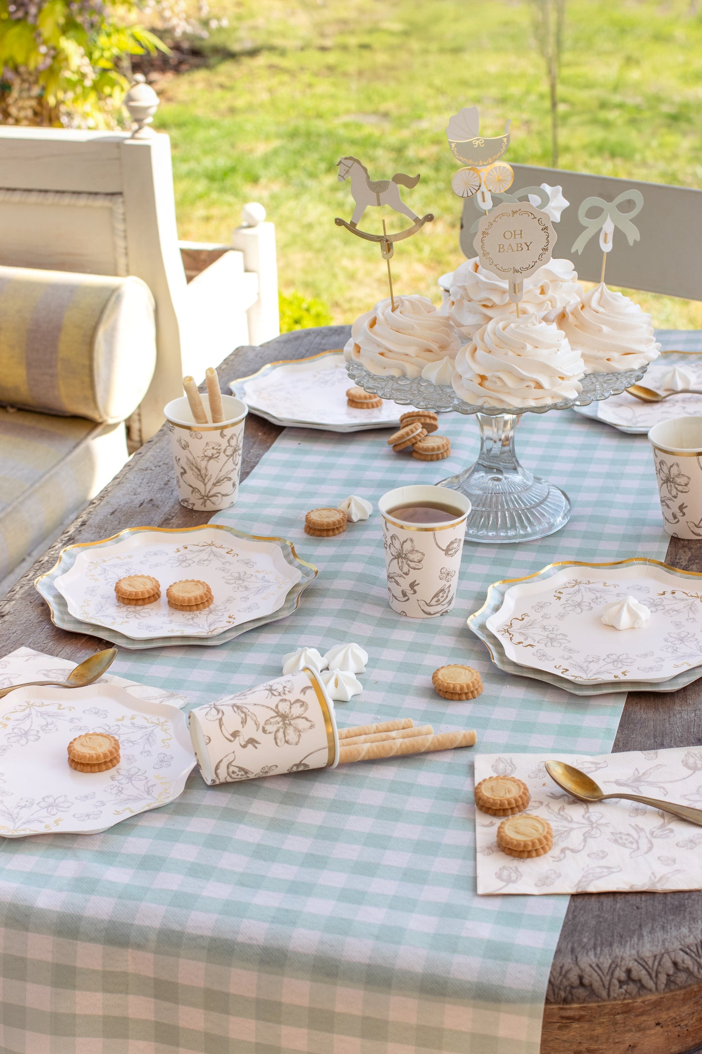 Sage gingham table runner styled on a baby shower table available at our Toronto party shop