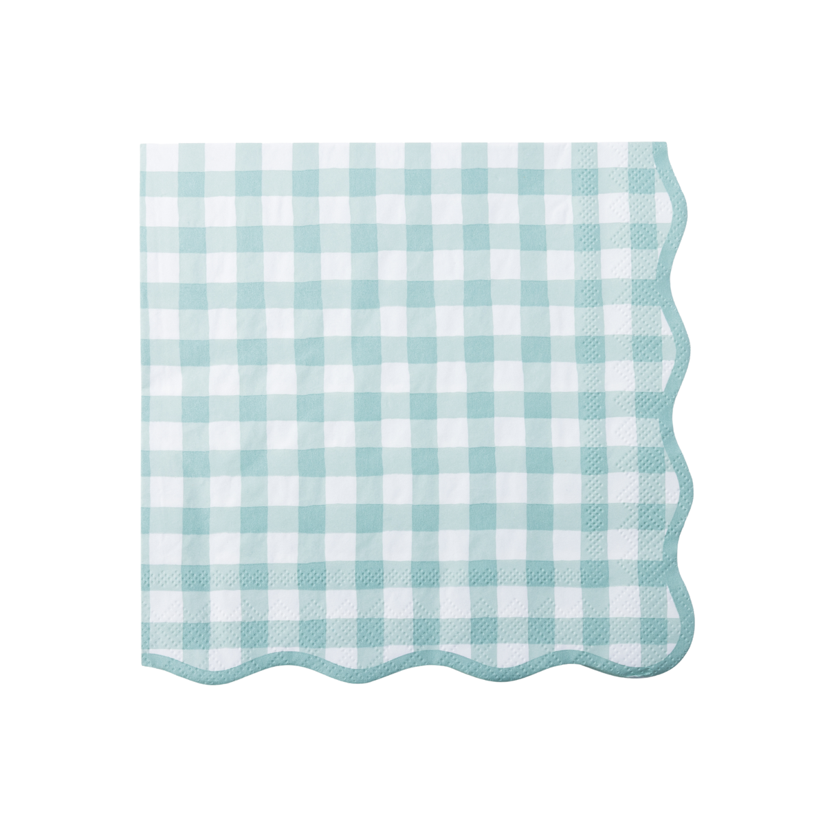 A square paper napkin with a light sage and white gingham check pattern and scalloped edges, shown flat on a white background.