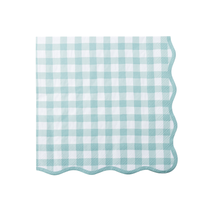 A square paper napkin with a light sage and white gingham check pattern and scalloped edges, shown flat on a white background.