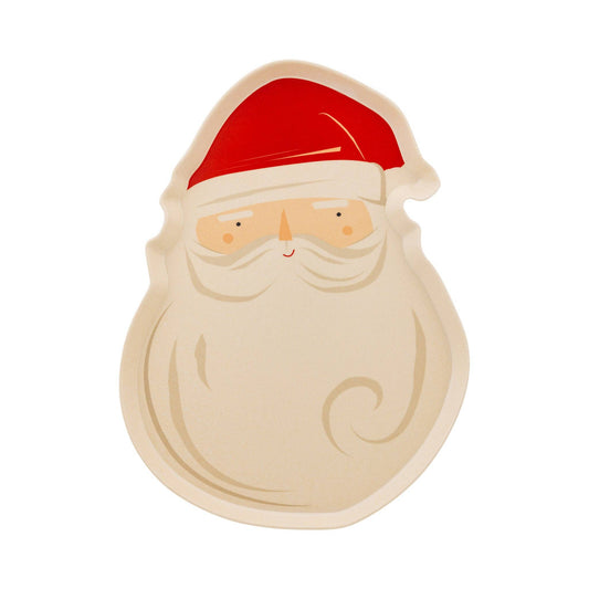 Santa-shaped bamboo tray with red hat and white beard, festive Christmas serveware from Confetti My Party Toronto.