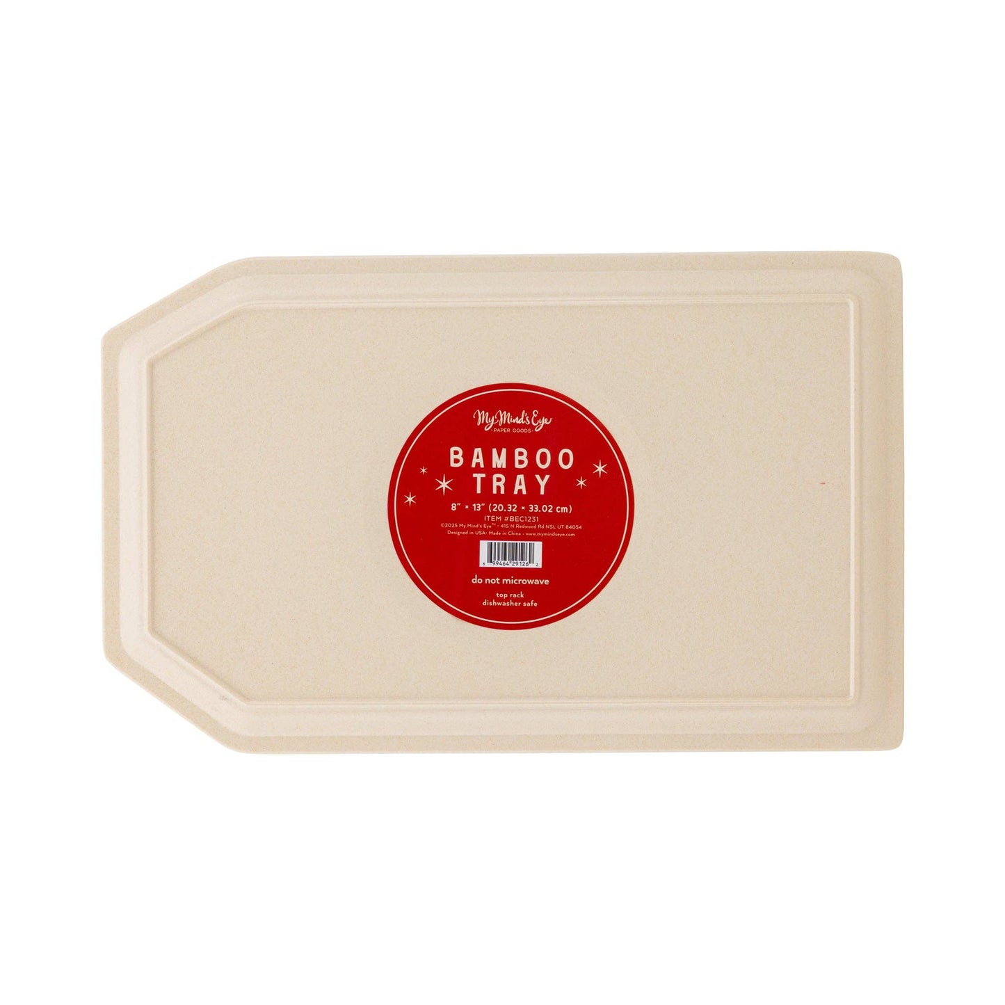 Back of festive bamboo tray showing My Mind’s Eye label, eco-friendly Christmas serveware available in Toronto.